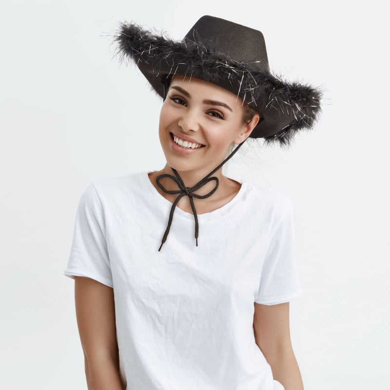 Juvolicious Black Cowgirl Hat - Medium Adjustable - Sparkly Feathered Costume Cowboy Hat for Women & Men - Western Party Accessory - Image 2